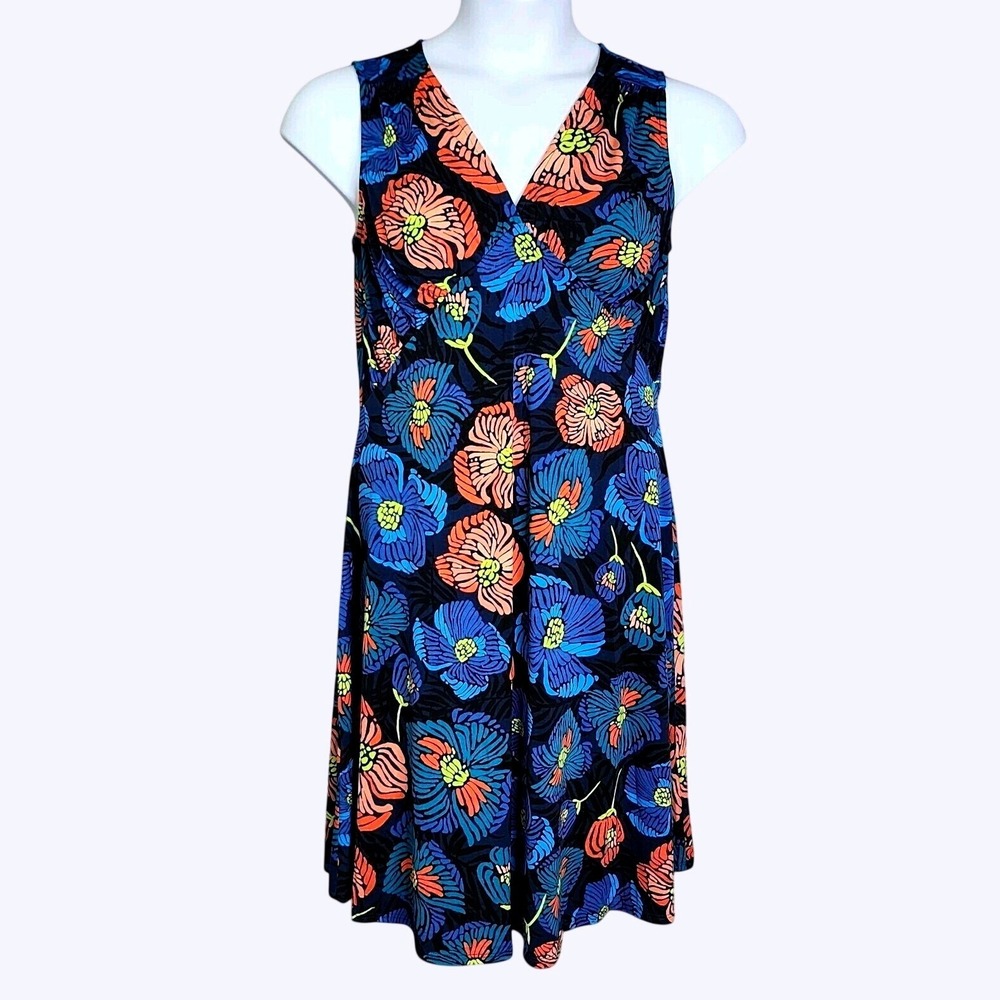 Leota Floral V-Neck A-Line Dress Womens Large Blue Orange Stretch Jersey Summer